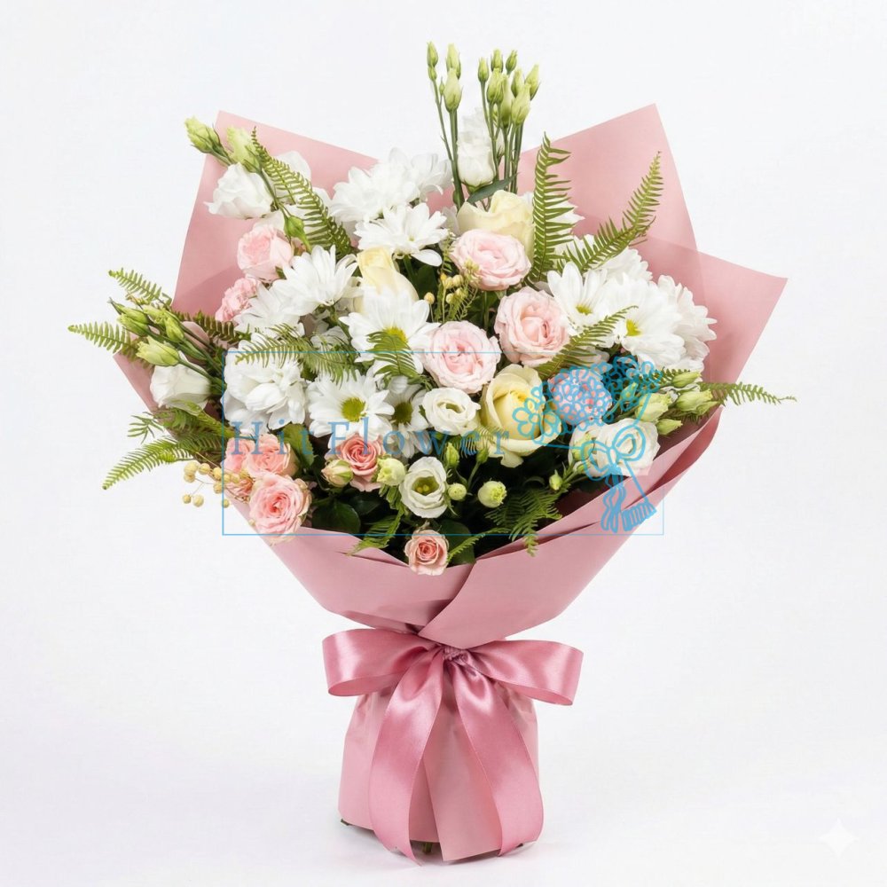 Букет цветов из: Розы, Лизиантусы и Хризантемы